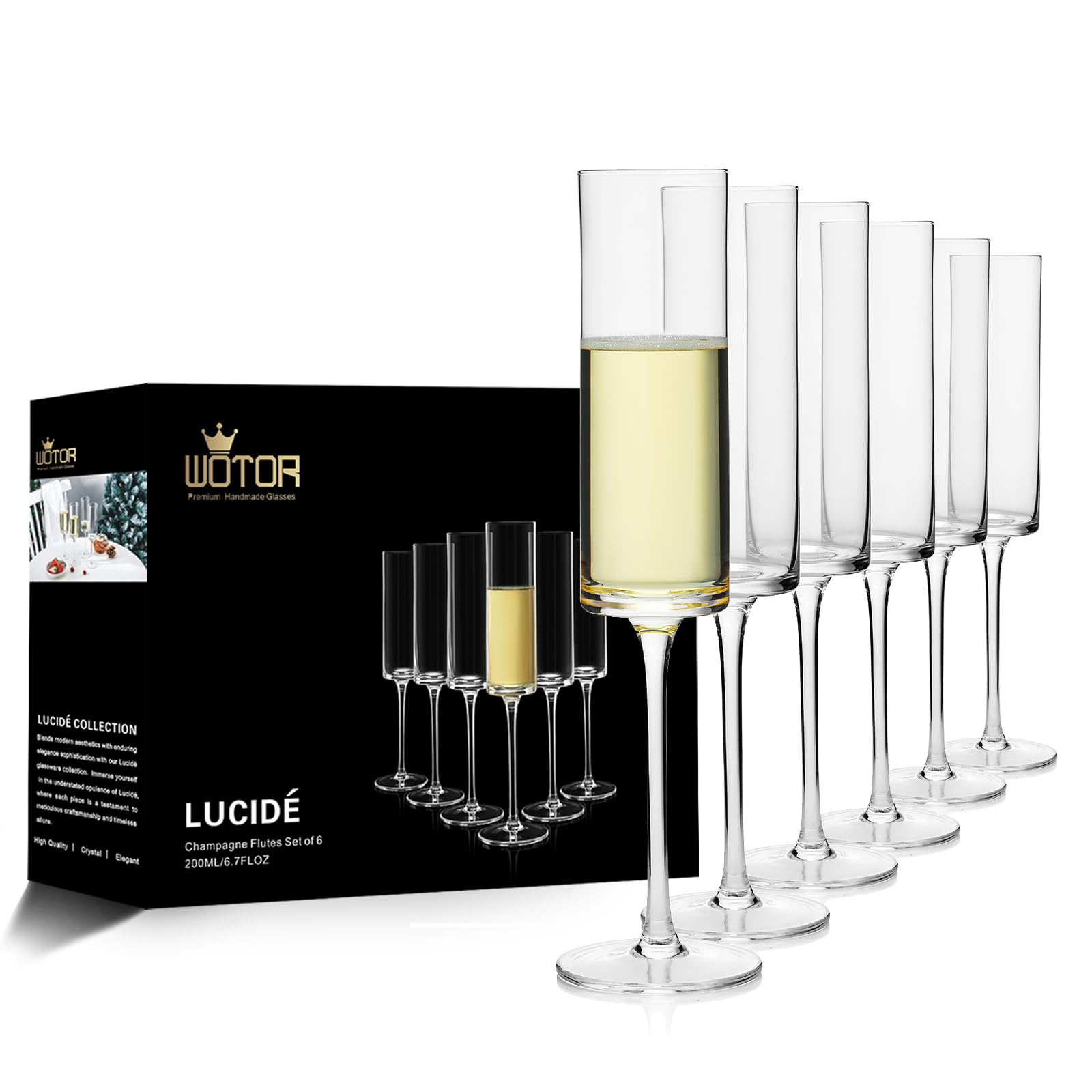 WOTORCrystal Champagne Flutes, Hand Blown Champagne Glasses Set of 6 for Women, Men, Unique Gift for Birthday,Wedding, Anniversary - 6.7oz, Clear