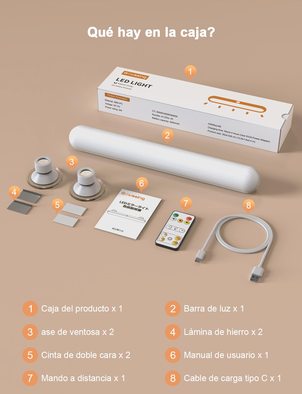 Luces Tocador Sin Cable Recargable 5000mAh, Espejo Maquillaje 3 Colores, Ventosas Roscadas Magnética USB Control Remoto