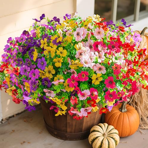 Daisy Artificial Flowers for Outdoors Decor, 12 Bundles Faux Daisy with Eucalyptus Fake Plants Greenery UV Resistant Look Real Colorful Faux Flowers for Outside Planter Porch Patio Yard Gardens, Mix