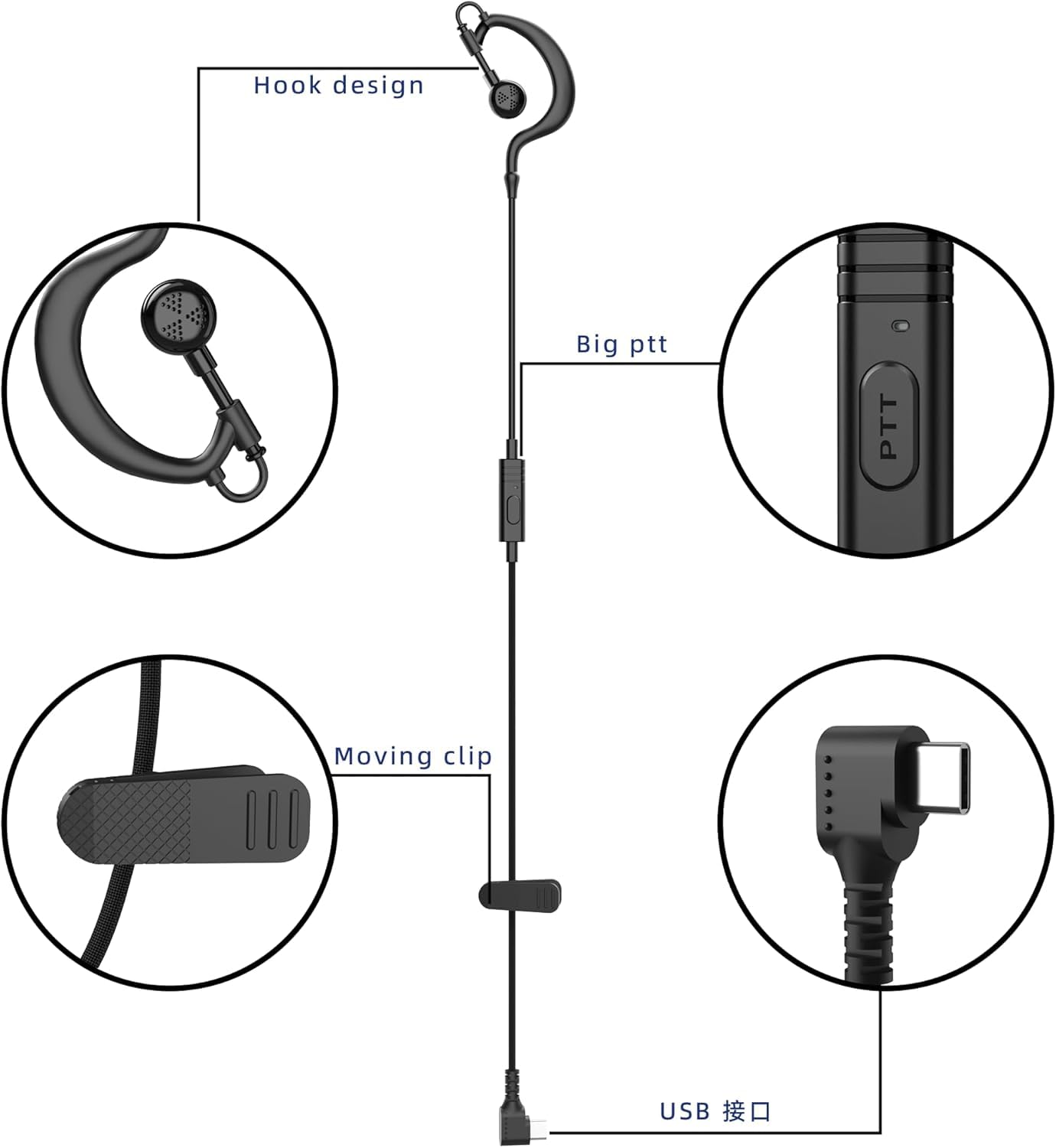 KETELESE Słuchawki TypeC 6 sztuk, zestaw słuchawkowy USB C do T3, T4 Walkie Talkie