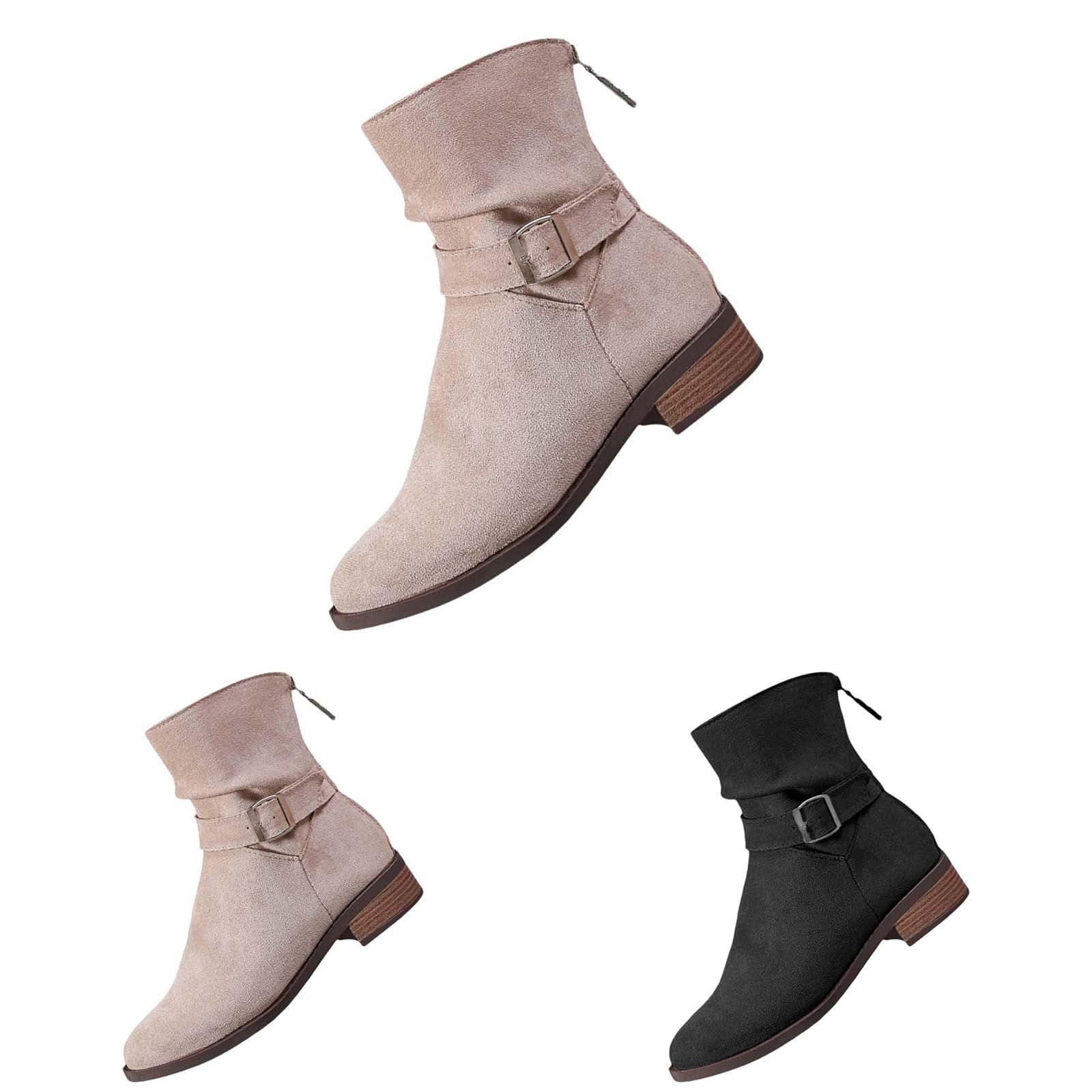 Stivali corti da donna eleganti con tacco corto, in pelle scamosciata, stivaletti da donna Chelsea, comodi stivali western con fibbie, stivali da equitazione retrò a punta