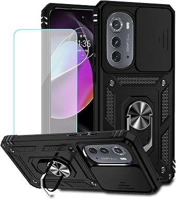Case for Moto Edge 2022/Motorola Edge 2022 5G UW XT2205-1 Case with Tempered Glass Screen Protector and Slide Camera Cover, 360 Ring Stand Magnetic Cover for Motorola Moto Edge 2022 5G Black