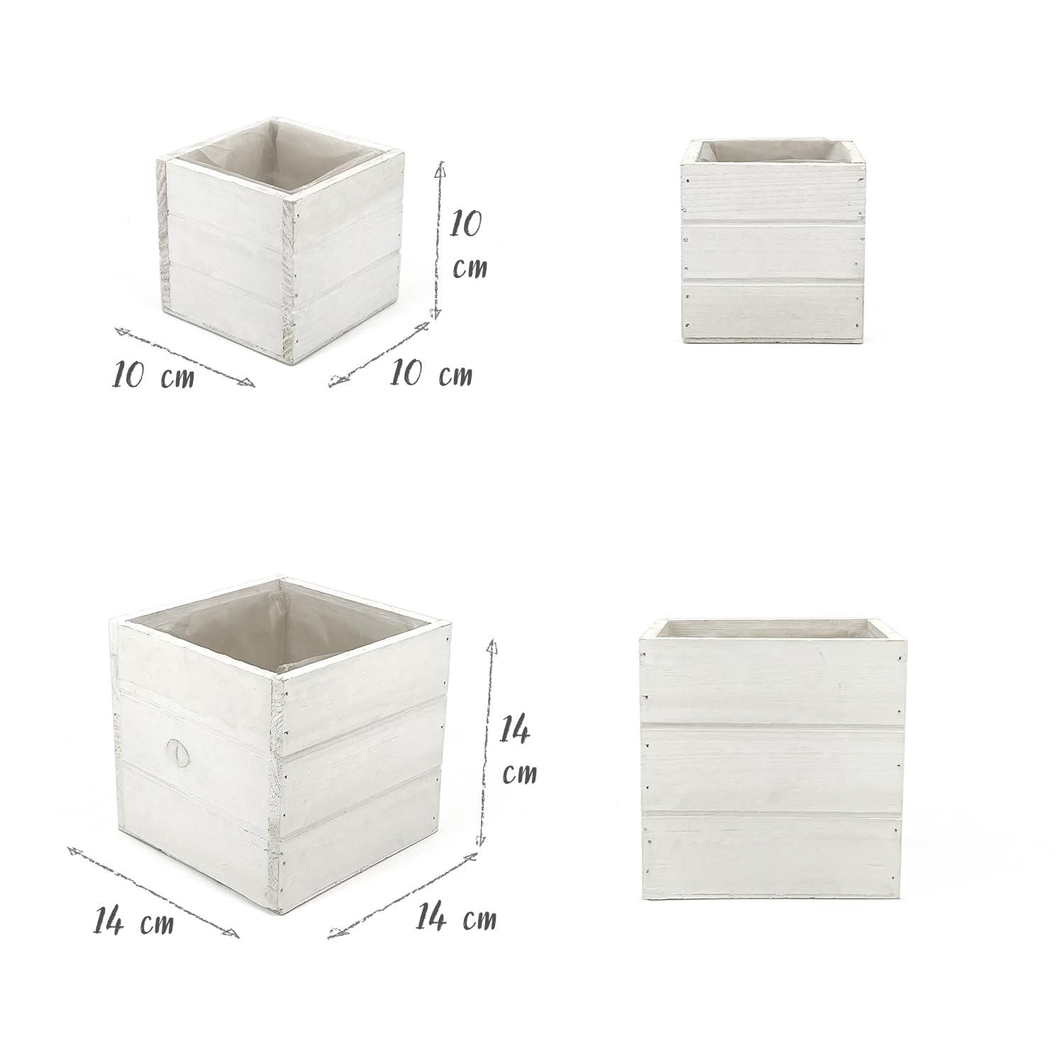 Cajas de madera blanca para flores, plantas, bonsái, hierbas aromáticas, decoración del hogar, jardín, balcón, terraza (14 x 14 + 10 x 10)