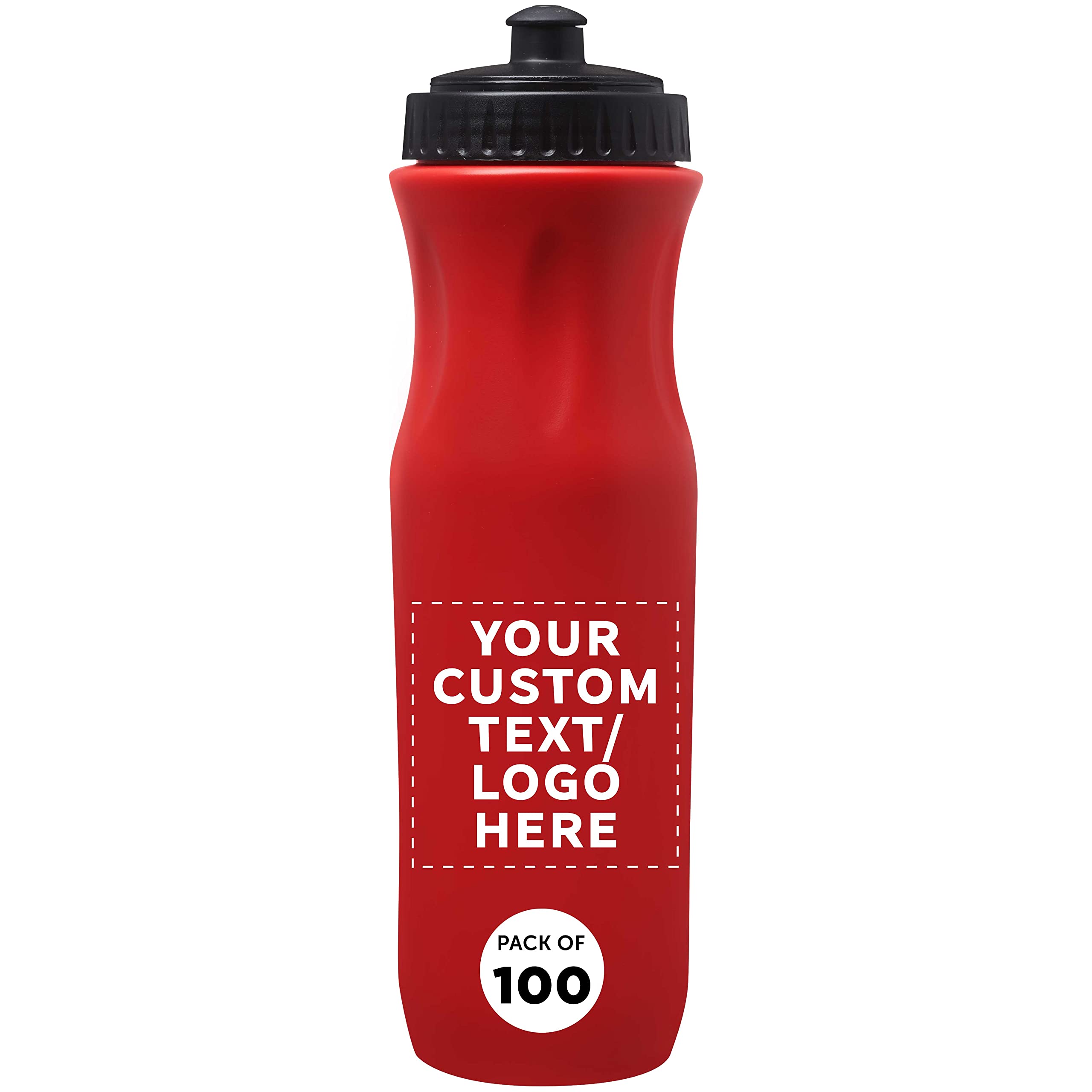 DISCOUNT PROMOS 100 Plastic Water Bottles Set 26 oz - Customizable Text Logo - Black Push Top Lid