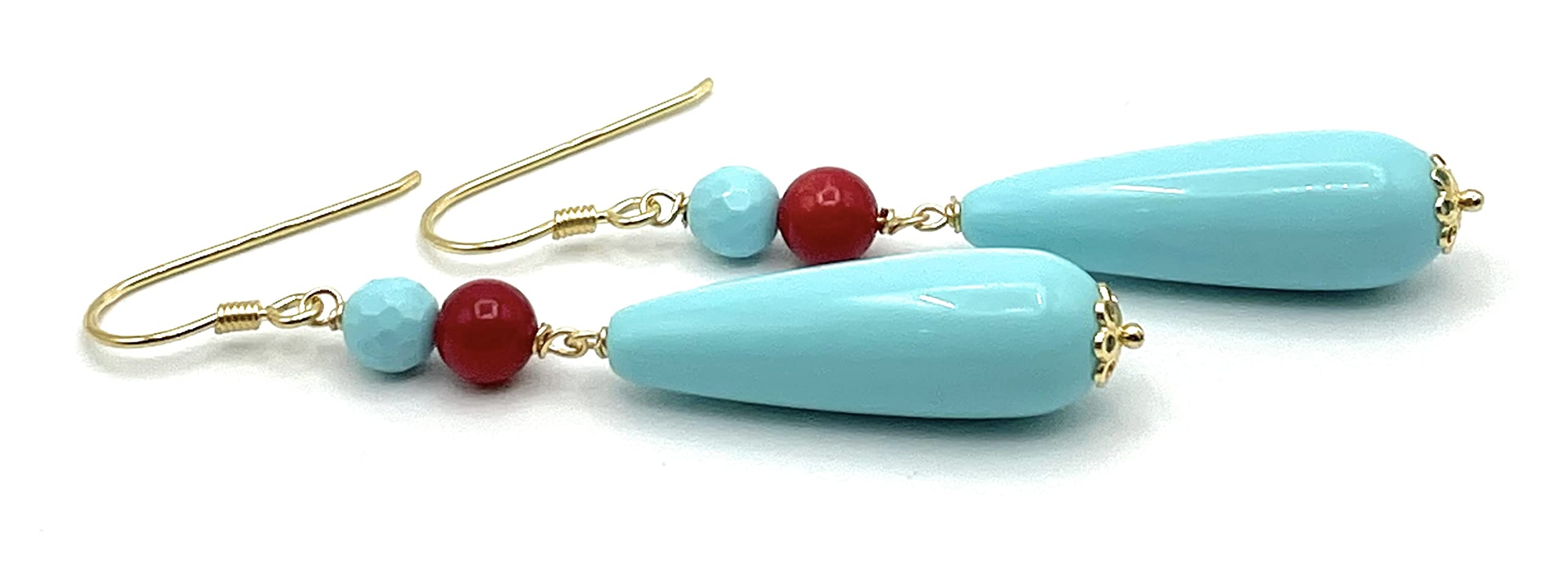 Orecchini con Gocce Turchesi e Corallo Rosso, Pendenti in Argento 925 Dorato 24 K Made in Italy, Gioielli Classici, Regalo per Lei