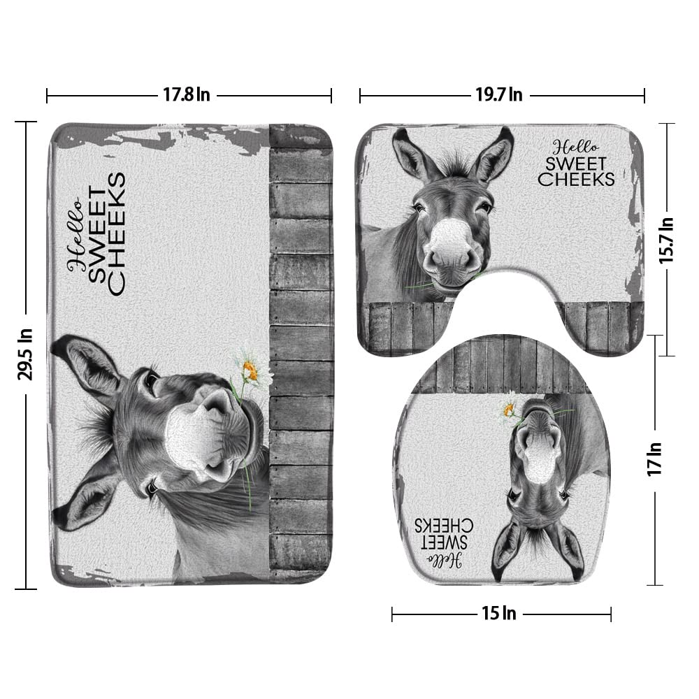 3pcs Farmhouse Donkey Bathroom Sets with Non-Slip Rug,Toilet Lid Cover and Bath Mat,Funny Rustic Grey Animal Horse Daisy Western Barn Country Wooden Fence Country Bathroom Carpet Bath Mat Toilet Rugs