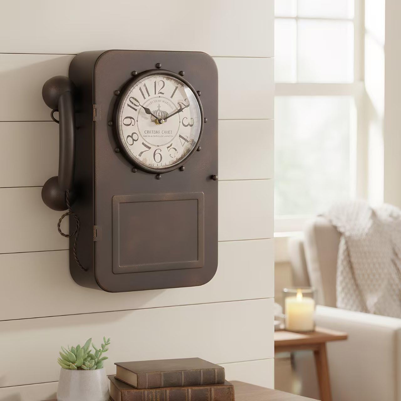 Antique Wall Clock Vintage Clock with Hidden Storage Compartment, Little Brown Black Telephone Wall Clock,Large Retro Style Vintagel Clock
