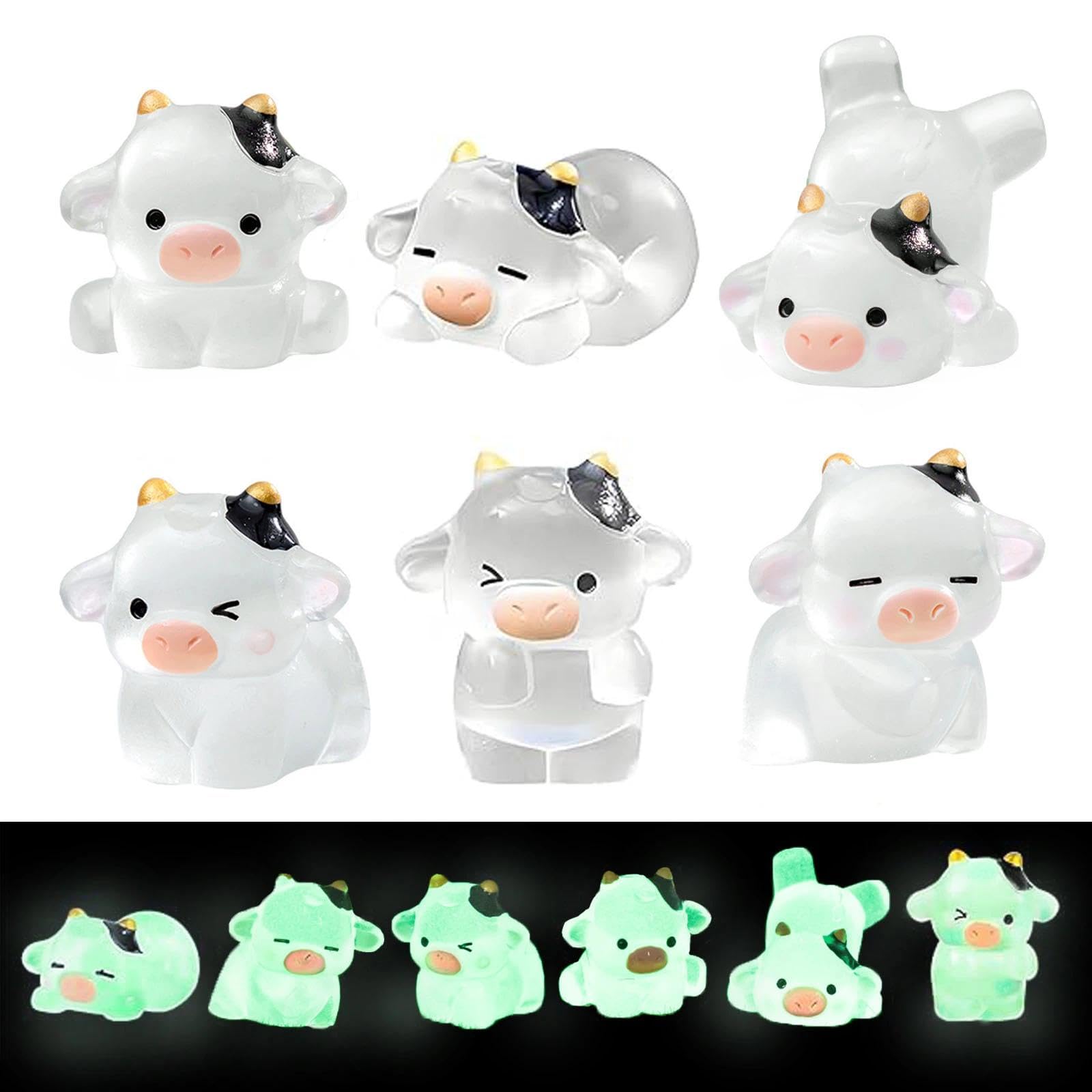 AYZDJ 6pcs Mini Cow Figurines Tiny Resin Luminous Animals Mini Resin Figures Little Plastic Animals Miniature Animal for Garden Landscape Home Car Dash Decor Party Cake Headbands DIY