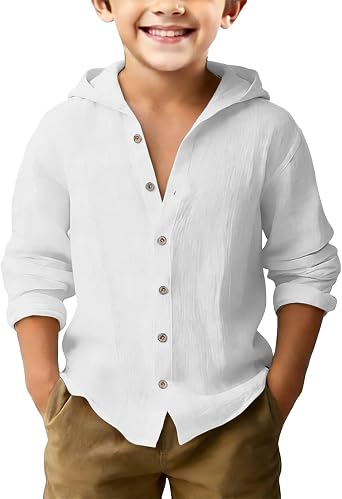 Moonker Linen Shirt for Boys Summer Lightweight Button Down Cotton Linen Tops with Hood Long Sleeve Breathable Beach Blouse