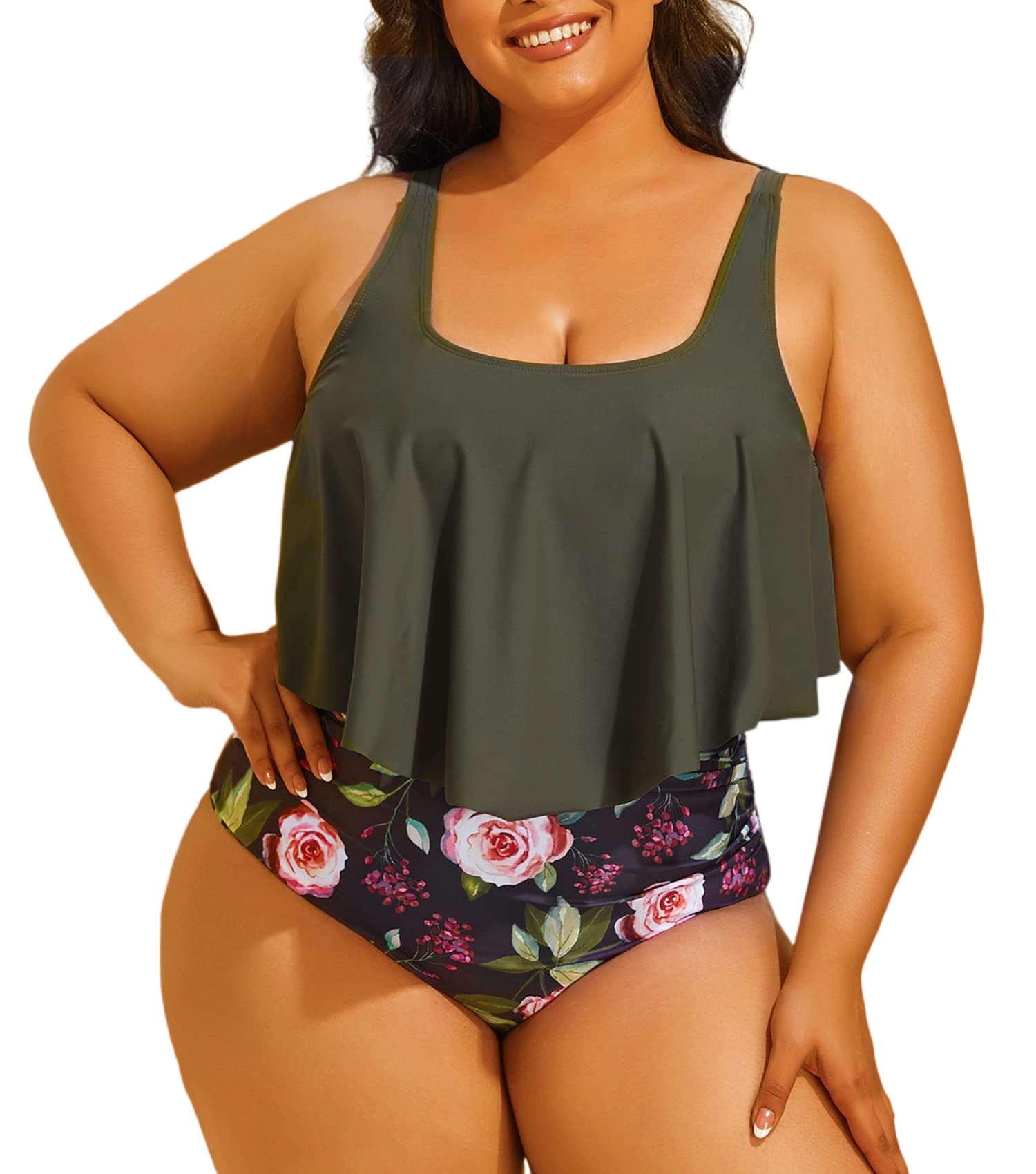 Valurile Marii Women Plus Size Swimsuits Two Pieces Bikini Set Ruffled Flounce High Waisted Ruched Bathing Suits for Women