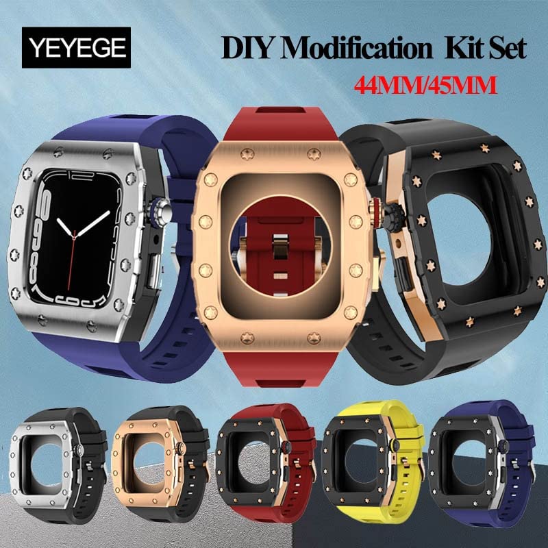 Kit de modification luxe pour Apple Watch boîtier métal argent et bracelet jaune - 2