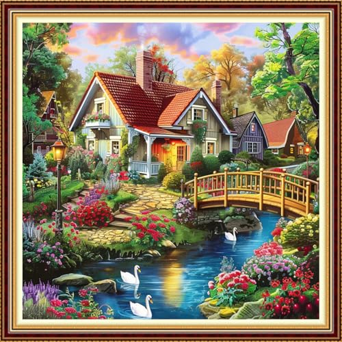 Image of Fanxvivy Stamped Counted Cross Stitch Kits for Adults Printed Cross-Stitch Patterns 11CT Stamped or Counted Cross Stitching Embroidery Kit Needlepoint Kits-Swan Lake Homeland 18x18 inch