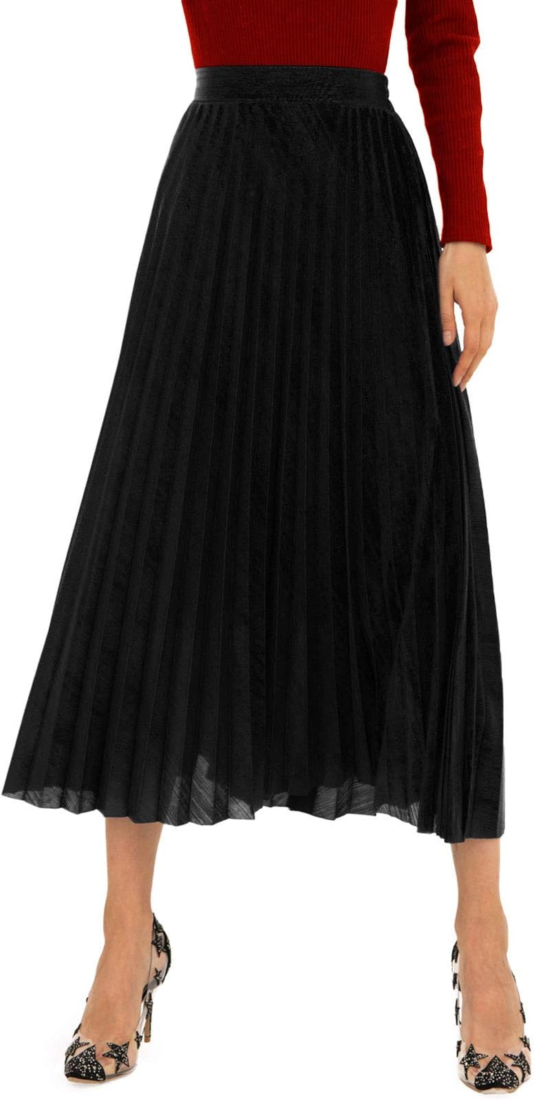 Amormio Women's Glittery Gold/Silver High-Waist Metallic Accordion Pleated Formal Party Maxi Skirt (Shiny-Black, Medium)