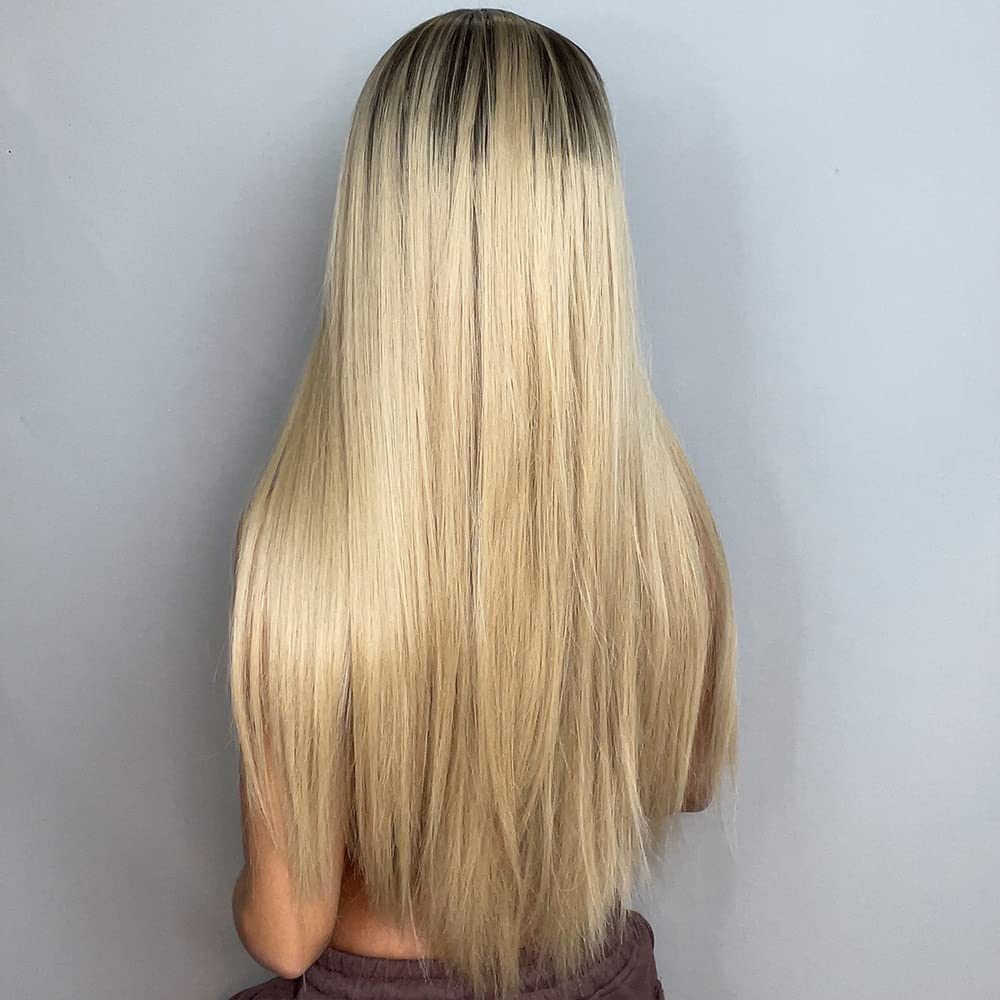 Peruki z koronką falową Jasny blond włosy Peruka z ciemnymi korzeniami Długa prosta peruka syntetyczna z grzywką dla białych kobiet Włókno termoodporne Proste peruki z naturalną linią włosów Peruki z