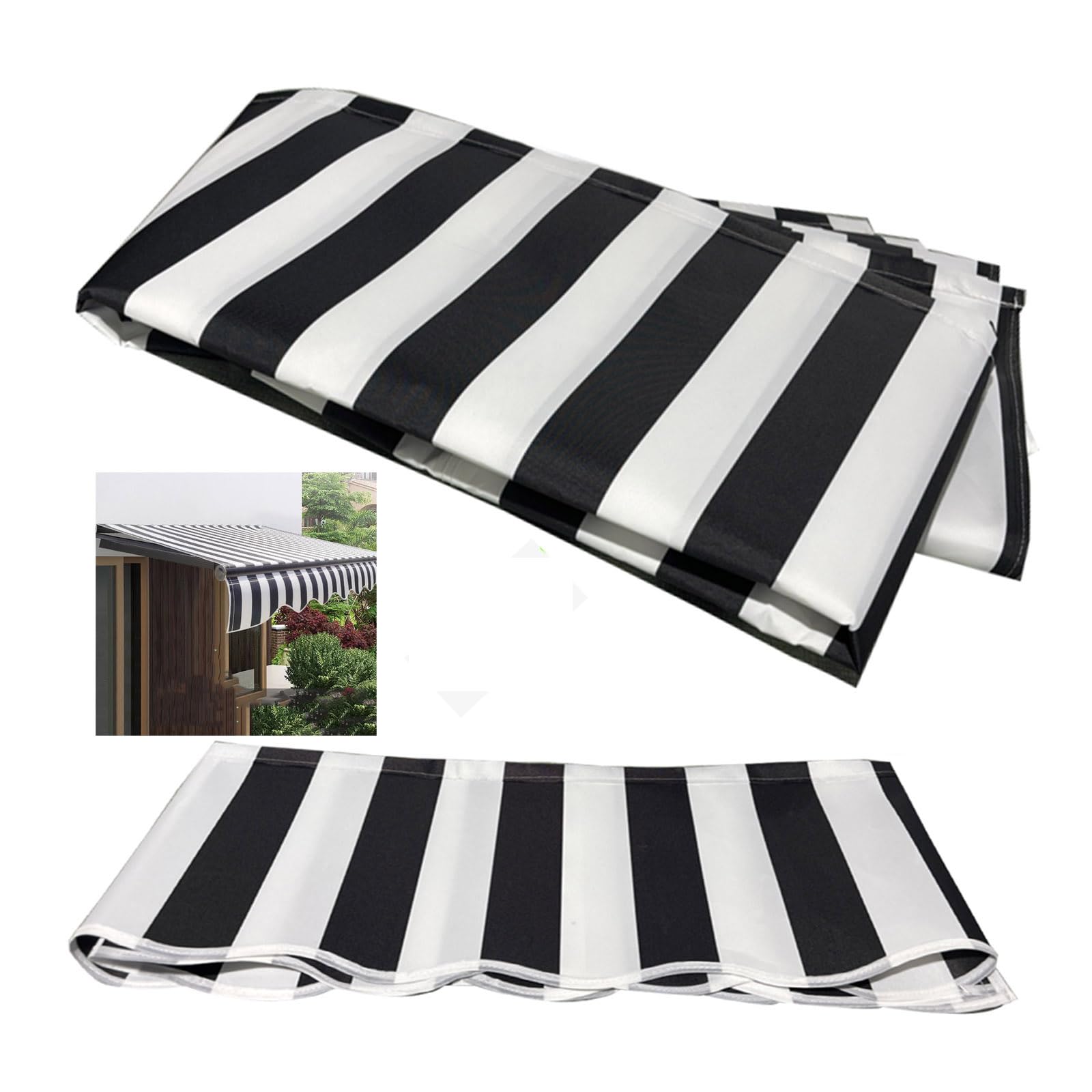 Tela retráctil de repuesto para toldo de patio, 100 % impermeable, poliéster de 280 g, para paraguas, tamaño 2 x 1,5 m, diseño de rayas blancas y negras