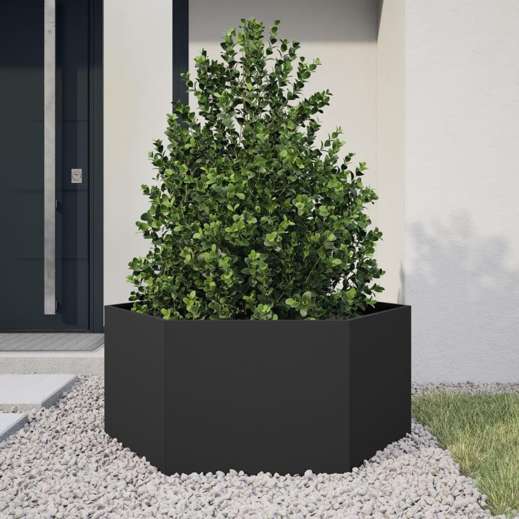 Macetero de jardín negro hexagonal de acero 104 x 90 x 45 cm, jardinera elevada sin fondo para plantas, verduras y hierbas aromáticas, diseño abierto para drenaje y crecimiento