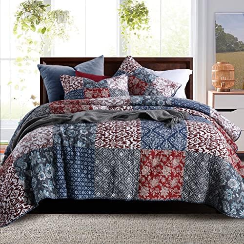 Secgo Queen Quilt Size - 100% Cotton Queen Comforter Set Burgundy Bedding Sets (90 * 98 Inch) with 2 Pillow Shams, Patchwork Reversible Lightweight Bedspread, Quilted Coverlet Fit All-Season