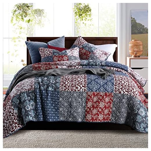 Secgo Quilt King Size - 100% Cotton Bedding Set (98 * 106 Inch) with 2 Pillow Shams, Patchwork Reversible Lightweight Bedspread, Quilted Coverlet Fit All-Season