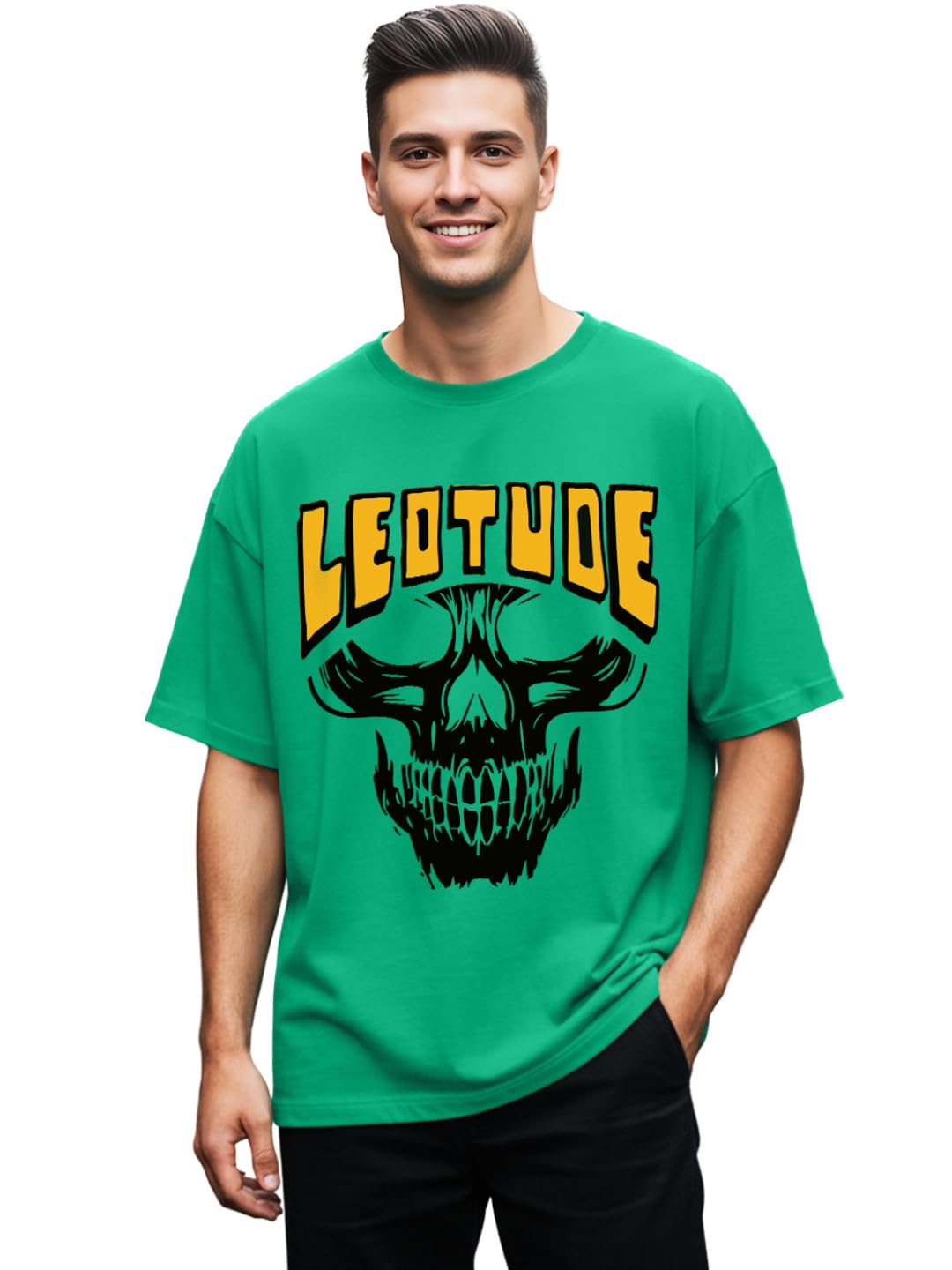 leotude Oversized Half Sleeve Cottonblend Animated Printed Round Neck Drop Shoulder Tshirt for Man (Color Rama Green)-picture-56
