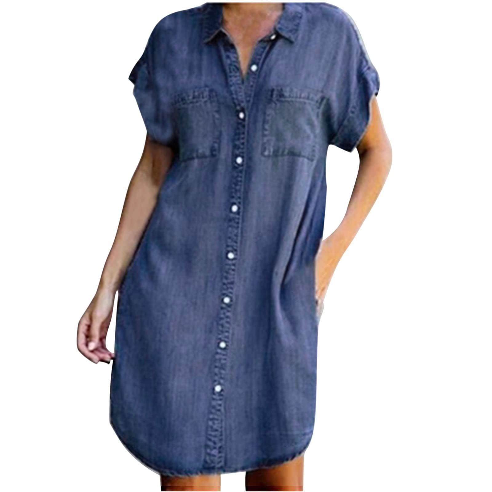 AttineDresses for Women 2023 Casual,Women Denim Pockets Button Solid Dress Short Sleeve Dresses Lapel Collar Casual Dress