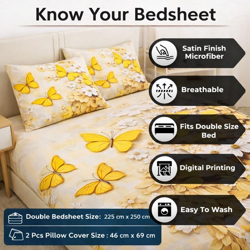 Image of Akshya King Size 7D Bedsheet 90x100 inches, Glace Cotton 300 TC Flat Bedspread for Double Bed with Large Pillow Covers Yellow Butterfly Cartoon Print