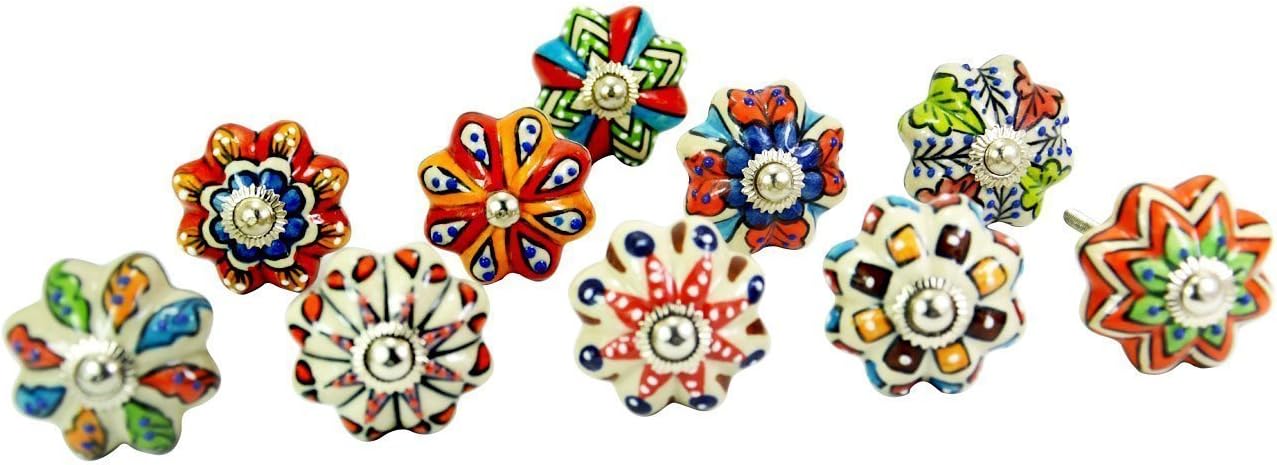 Parijat Handicraft Ceramic Vintage Cupboard Cabinet Door Knobs (1.5-inch, Multicolour)-Set of 10