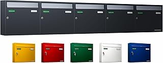 AL Briefkastensysteme Basic 5er Briefkasten RAL 7016 Anthrazit Grau/Einwurfklappe RAL 9006 Weiß Aluminium 5 Fach DIN A4 wetterfest mit Posthaltebügel und 2 Namensschildern