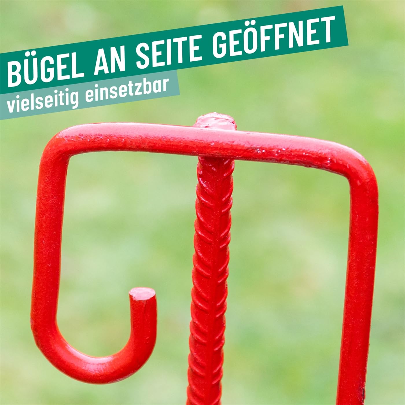 VOSS.farming 10x Laterneneisen, Pfahl mit UVV-Sicherheitsbügel, Halter für Absperrband, Ø12mm Riffelstahl, 145cm Länge, rot lackiert