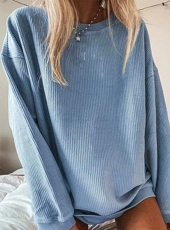Chvity Womens Crewneck Oversized Corduroy Corded Sweatshirt Casual Long Sleeve Trendy Pullover Comfy Tops - Image 2