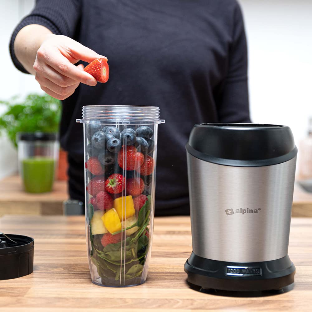 BAKAJI Frullatore in Acciaio Inossidabile Smoothie Blender con Caraffa da Asporto da 1 Litro, 1200W Potenza, Ideale per Pappe, Frullati, Salse, 220-240 V, 1 Velocità, Dimensioni ‎14.5 x 14.5 x 40.5 cm