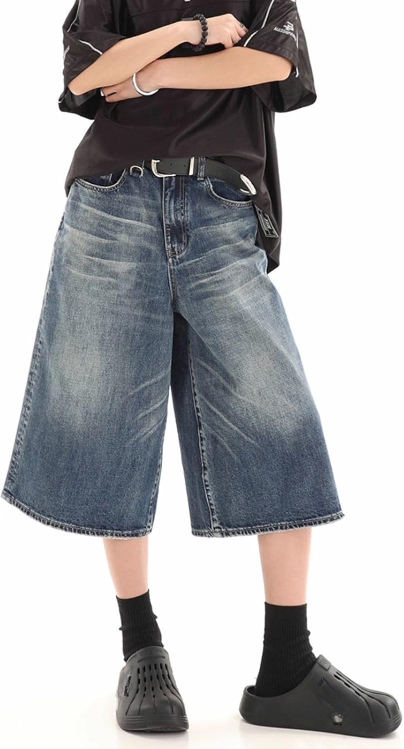 Baggy Cropped Jeans for Women Men Y2k Low Waist Wide Leg Jorts Casual Denim Pants Grunge Summer Shorts - Image 2