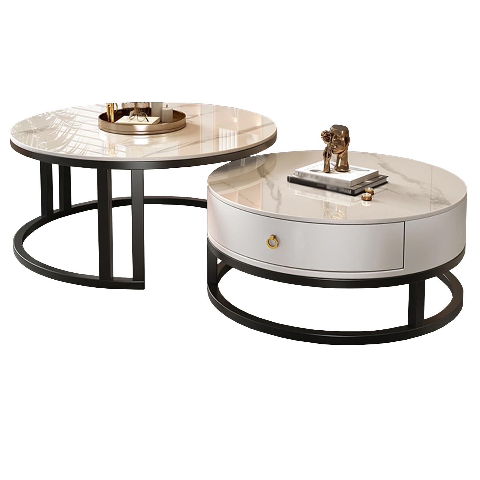 SXZenSpace Nesting Coffee Table Set of 2, Round Tables for Living Room with Drawer, Modern Side Metal Frame Accent, Room, Apartment(White)