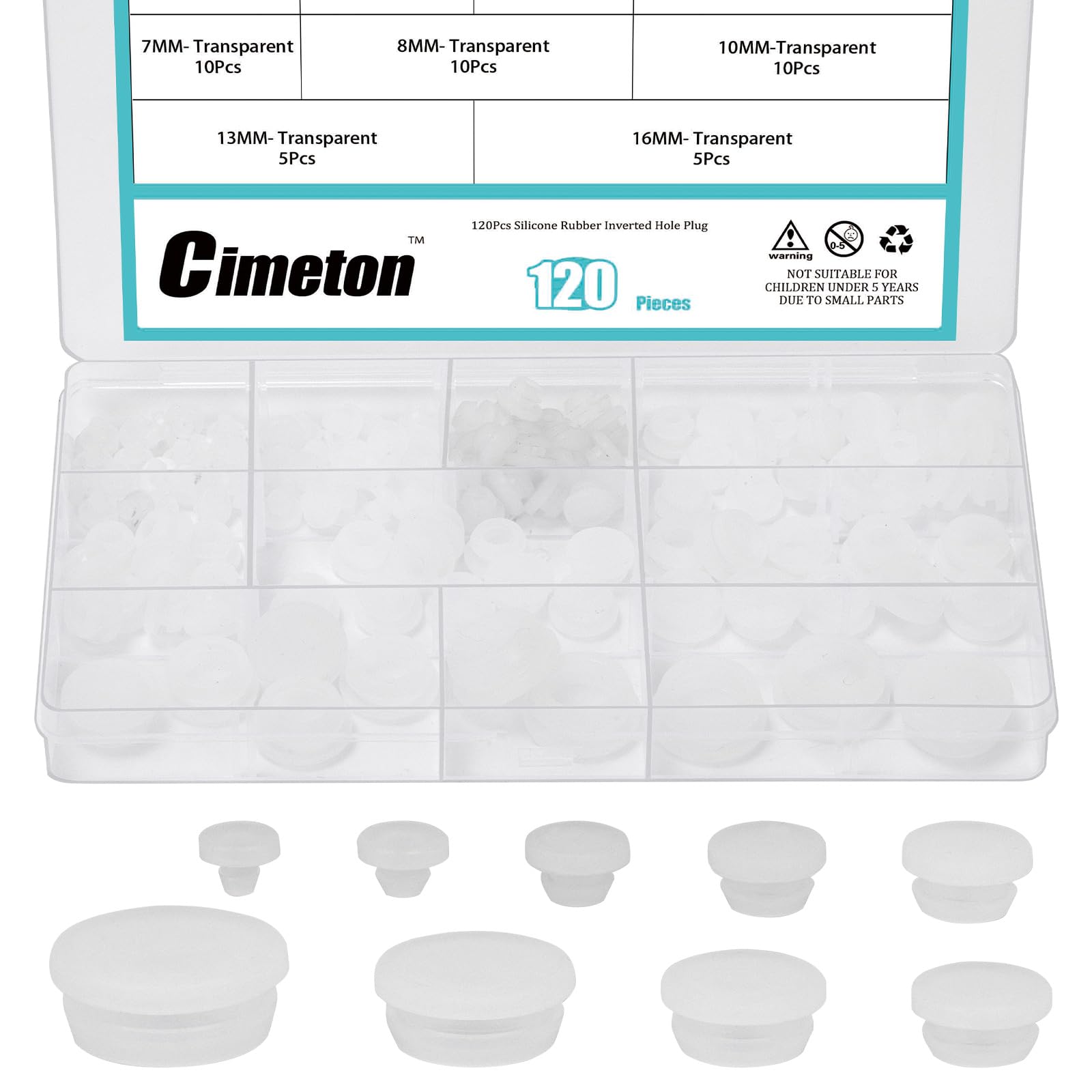 Cimeton 120PCS 9 Sizes Silicone Plugs Assortment Kits 3MM 4MM 5MM 6MM 7MM 8MM 10MM 13MM 16MM Transparent Silicone Snap in Locking Hole Plugs for Round Holes Car Wiring Furniture