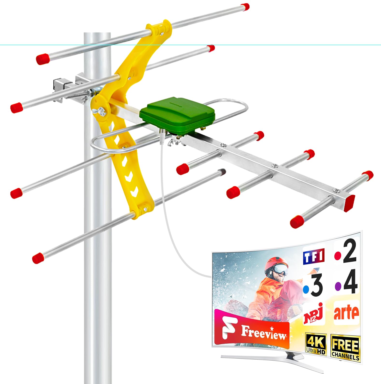 Antenna TV esterna HD Yagi, Rastrello TNT DVB-T2 a lungo raggio, ricezione digitale stabile 4K UHD, compatibile con TV e Smart TV, modello anti-intemperie con cavo coassiale, 10 m