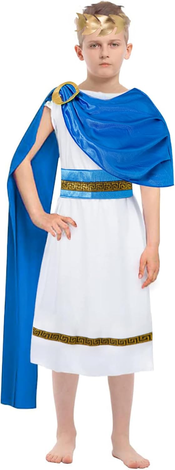 LATOBREATH Boy Greek Toga Costume For Kids Ancient Greece Mythos Philosopher Rome Children's Party Dress up Medium Blue