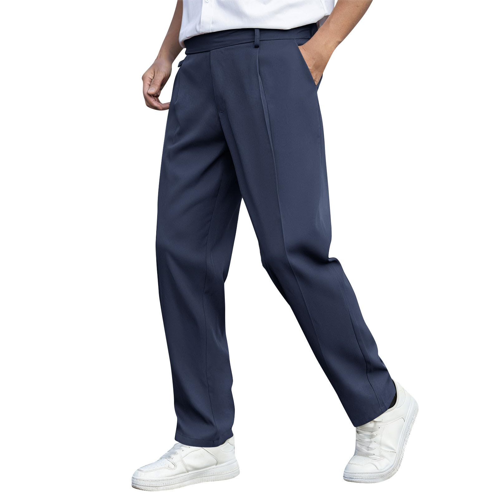 Mens Straight Leg Dress Pants Casual Front Pleated Suit Pants Comfy Work Office Business Lounge Pockets Trousers