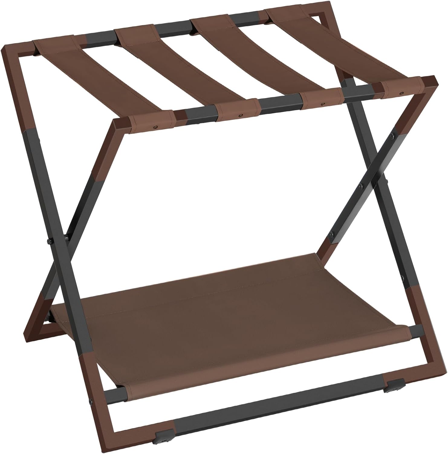 HOOBRO Luggage Rack for Guest Room, Foldable Suitcase Stand with Storage Shelf and Metal Frame, Luggage Holder Supports up to 110 lb, for Hotel, Bedroom, Closet, Black and Brown CB55XL01