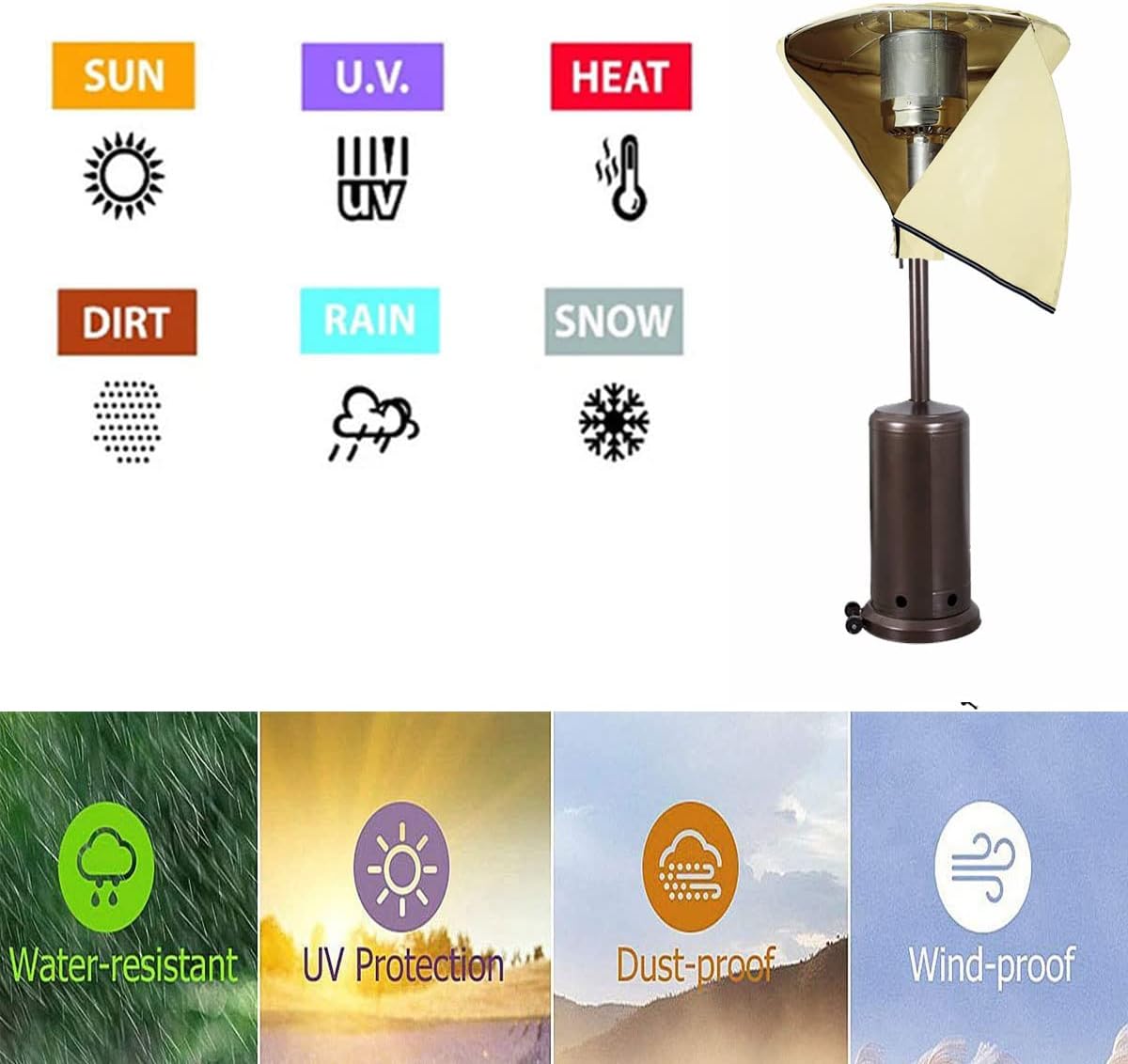 IDOXE Patio Heater Cover Waterproof with Zipper, Standup Classic Terrace Outdoor Round Heater Covers (Beige) (Top Cover Only)