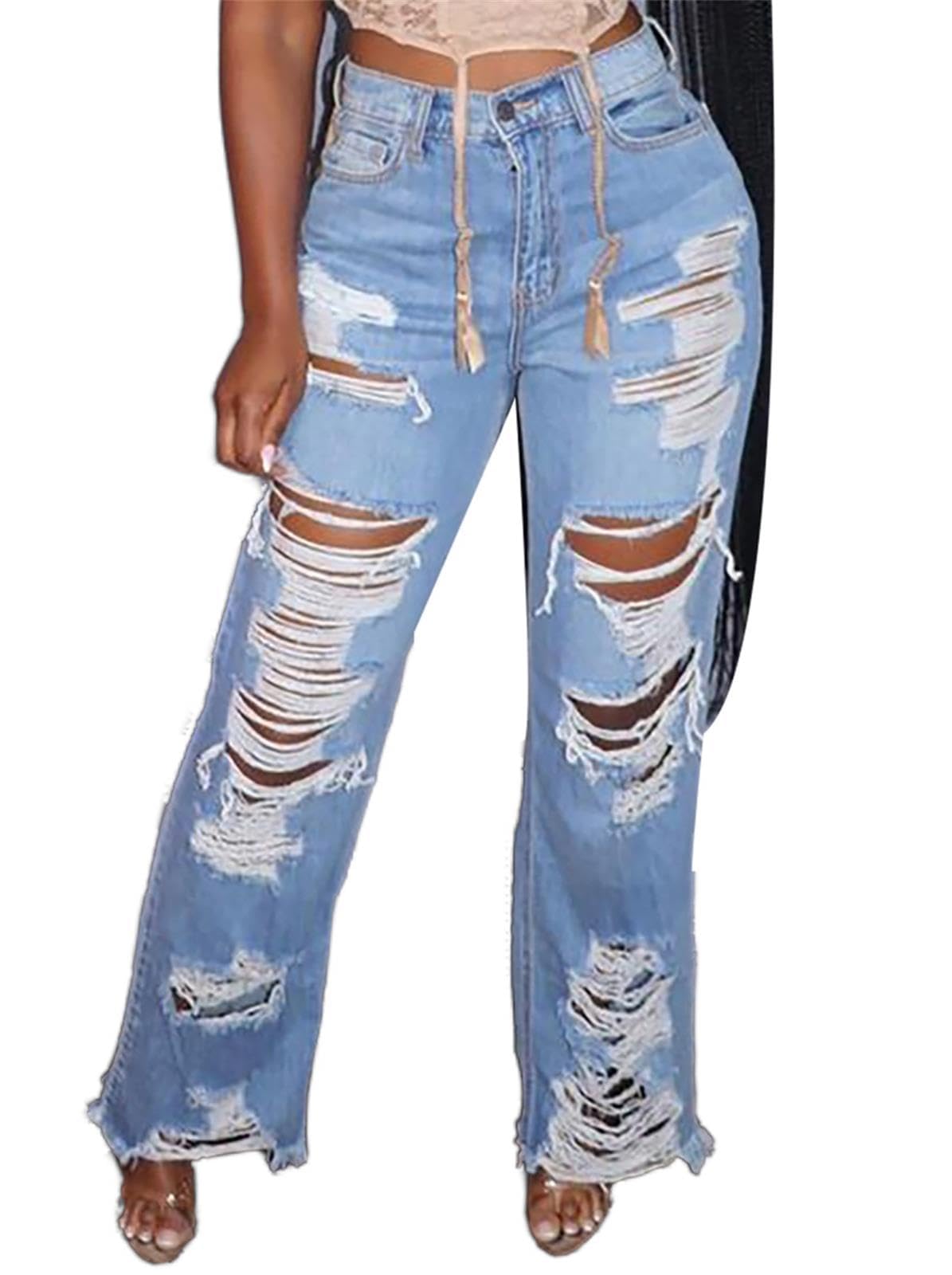 Lucuna Womens High Waisted Ripped Jeans Cut Out Destroyed Frayed Tassels Distressed Denim Pants