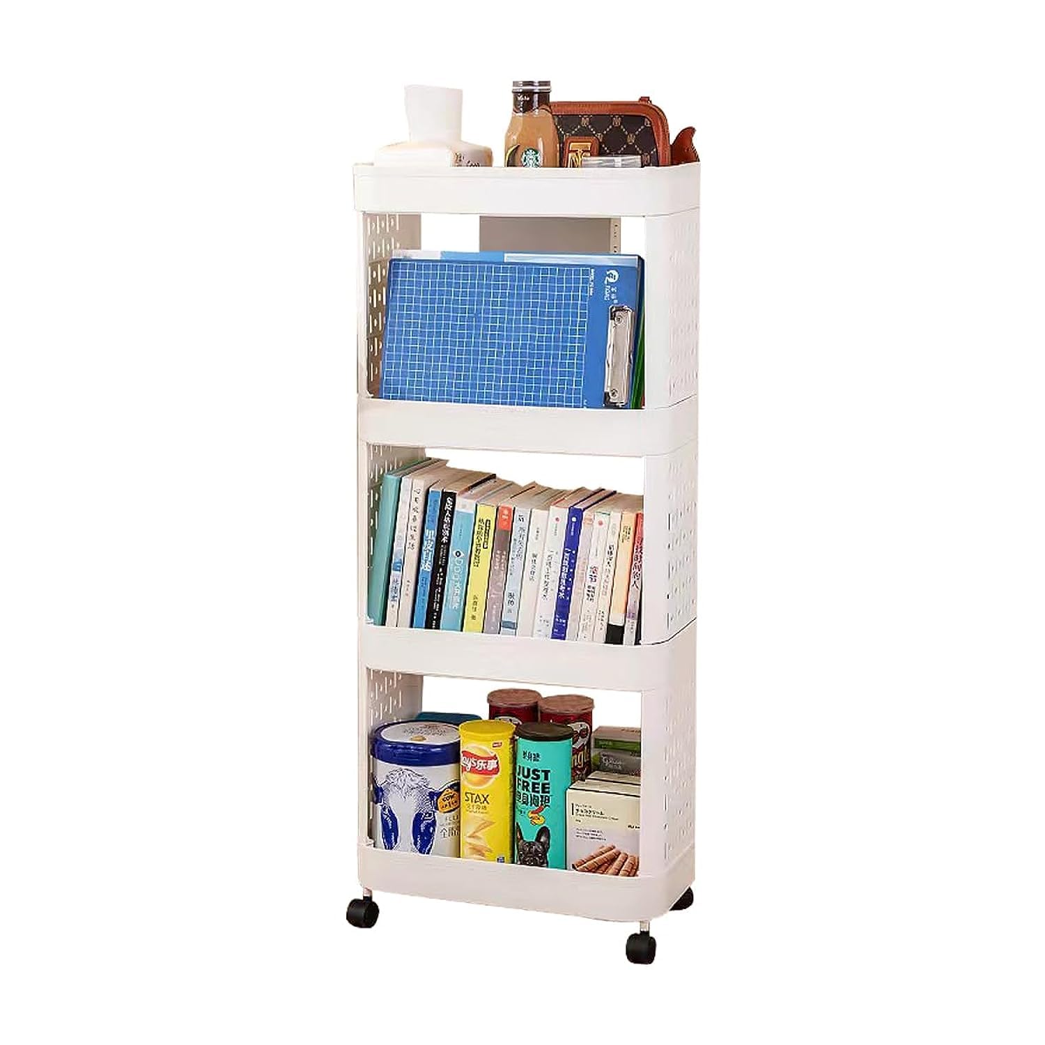 Storage Shelf bathroom storage shelves Plastic Bookcase Organizer Rolling Utility Cart Storage Trolley Rack Easy Assembly for Bathroom Living room Office (White) (4 Tier)