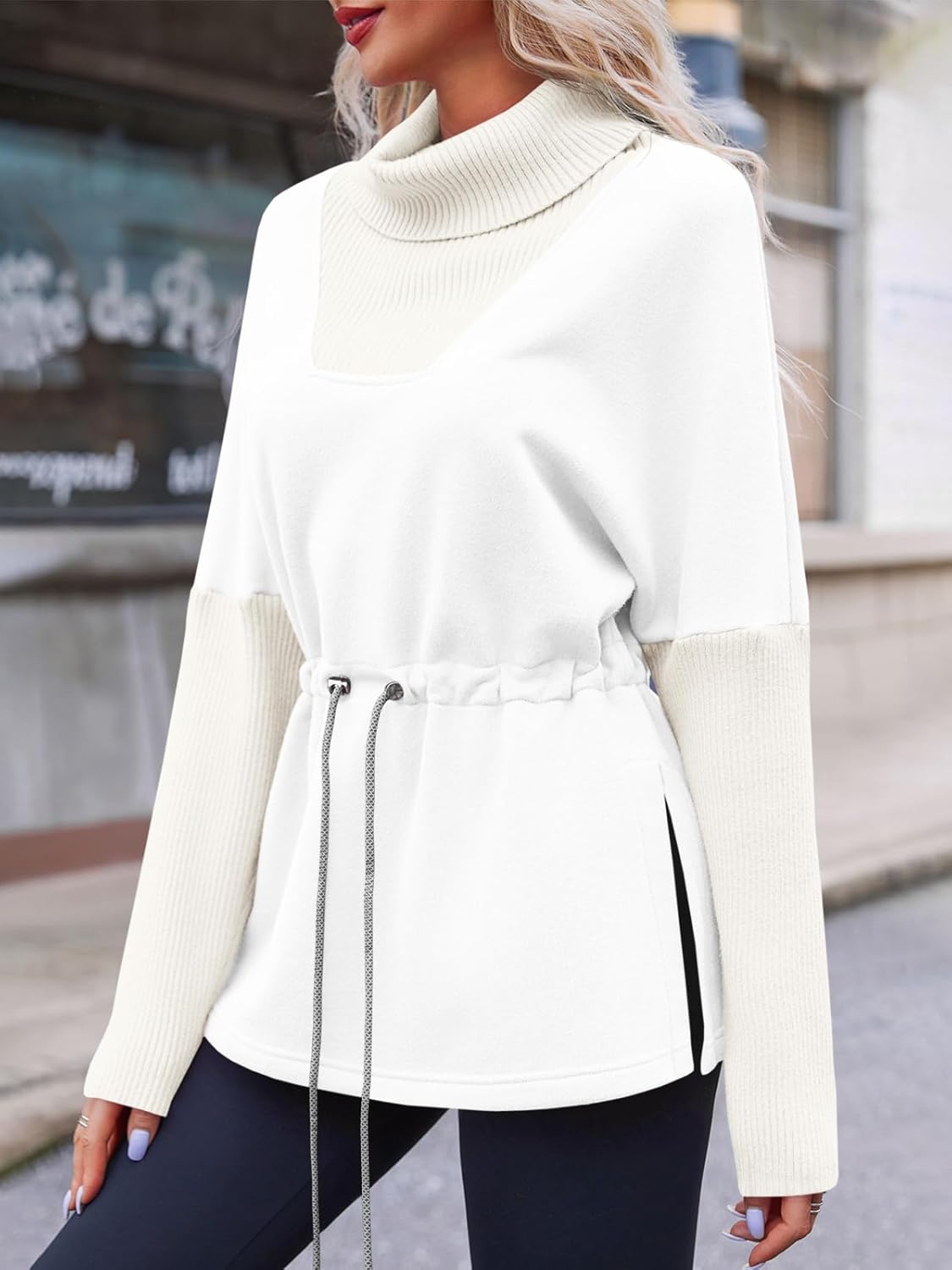 Fisoew Women's Turtleneck Sweatshirts Fleece Drawstring Waist Casual Long Sleeve Pullover Sweater Side Slit Tunic Tops - Image 3