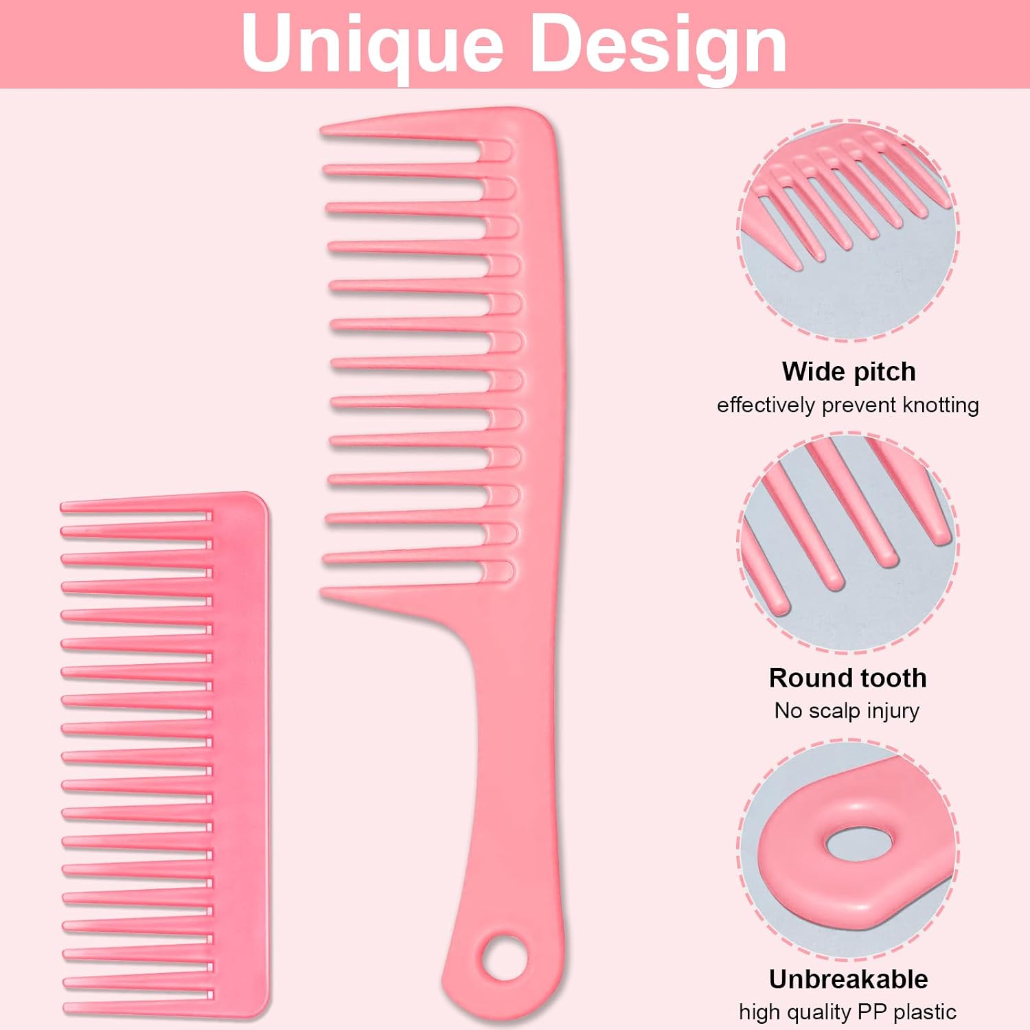FIRSTPELLA 2PCS Wide Tooth Comb for Curly - Large Hair Detangling Styling Combs for Wet Dry Hair,Shampoo Shower Comb for Women Men (Pink)