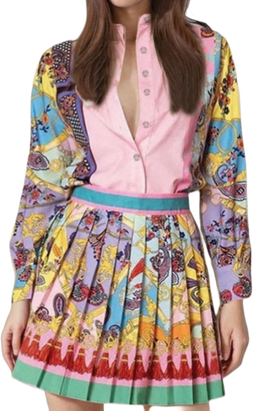 THLAI Lounge Women 2 Piece Skirt Sets Printed Long-Sleeve Shirt & Pleated Skirt Vacation Outfits