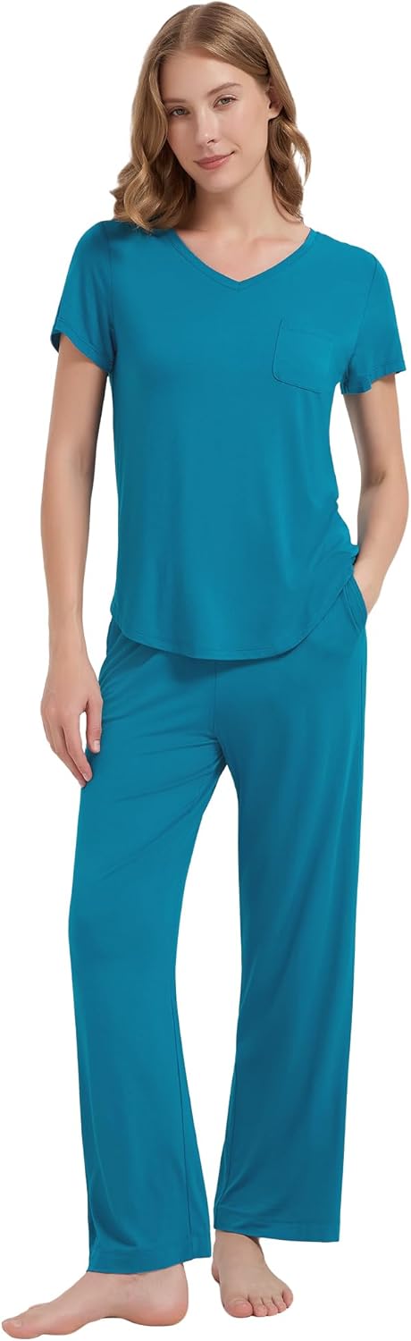 WiWi Women's Viscose from Bamboo Pajamas Set Short Sleeve Pajama Sets with Pants Super Soft Cooling Pjs with Pockets S-XXL
