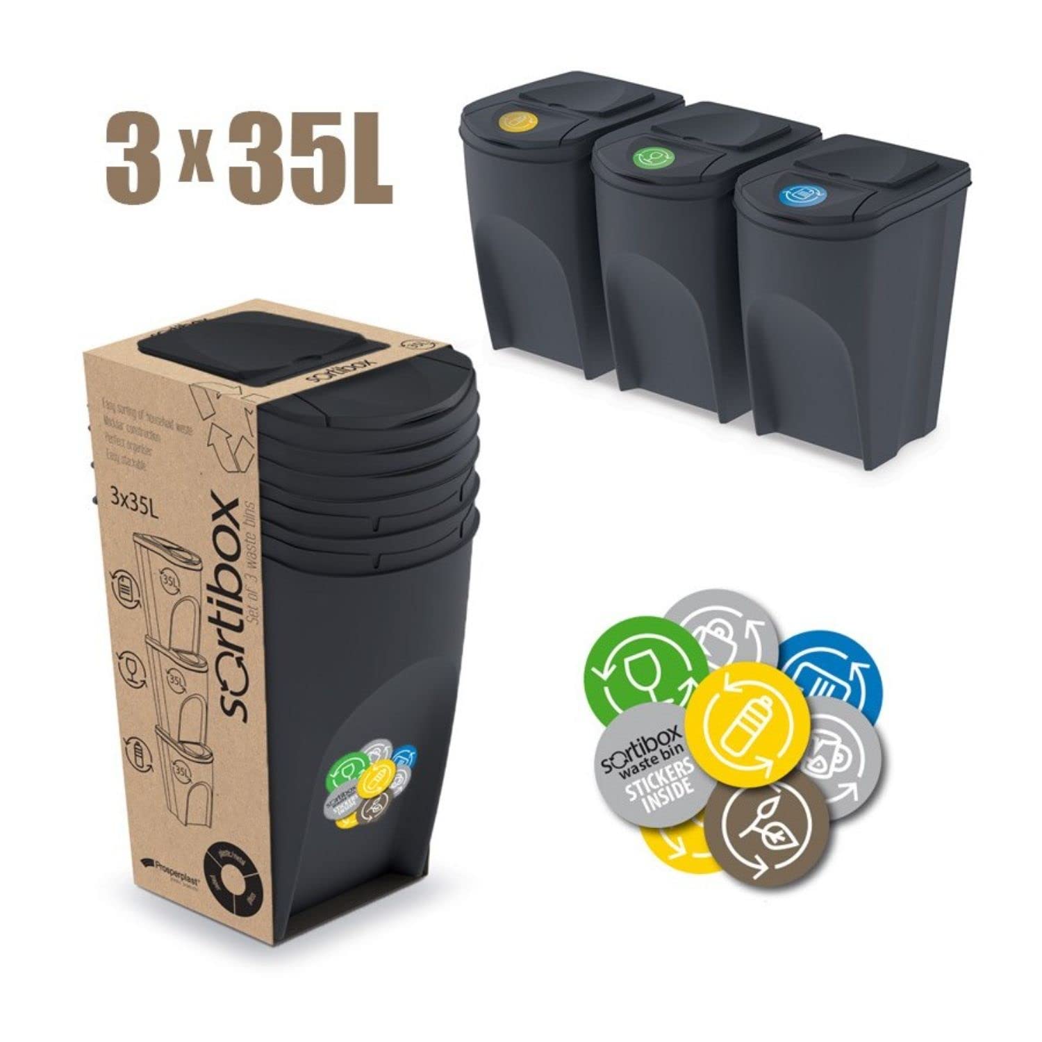 Ensemble DE 3 bacs de Recyclage PROSPERPLAST 105L Plastique SORTIBOX Anthracite Couleur