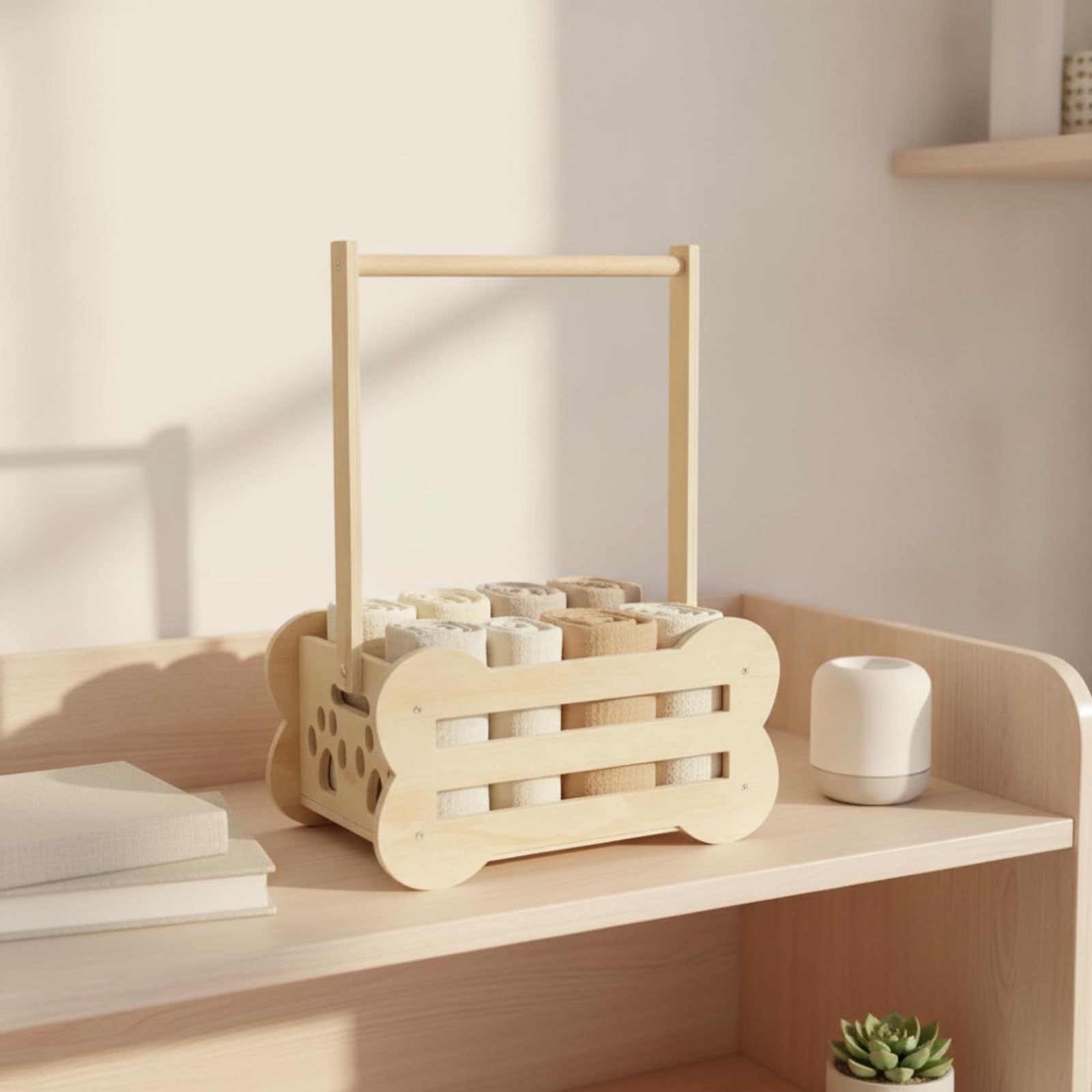 Gralara Cestino con Maniglie in Legno | Pannelli Laterali a Doghe, Cestino oggetti con Manico, Naturale, per Bagno, Casa, Neonati,