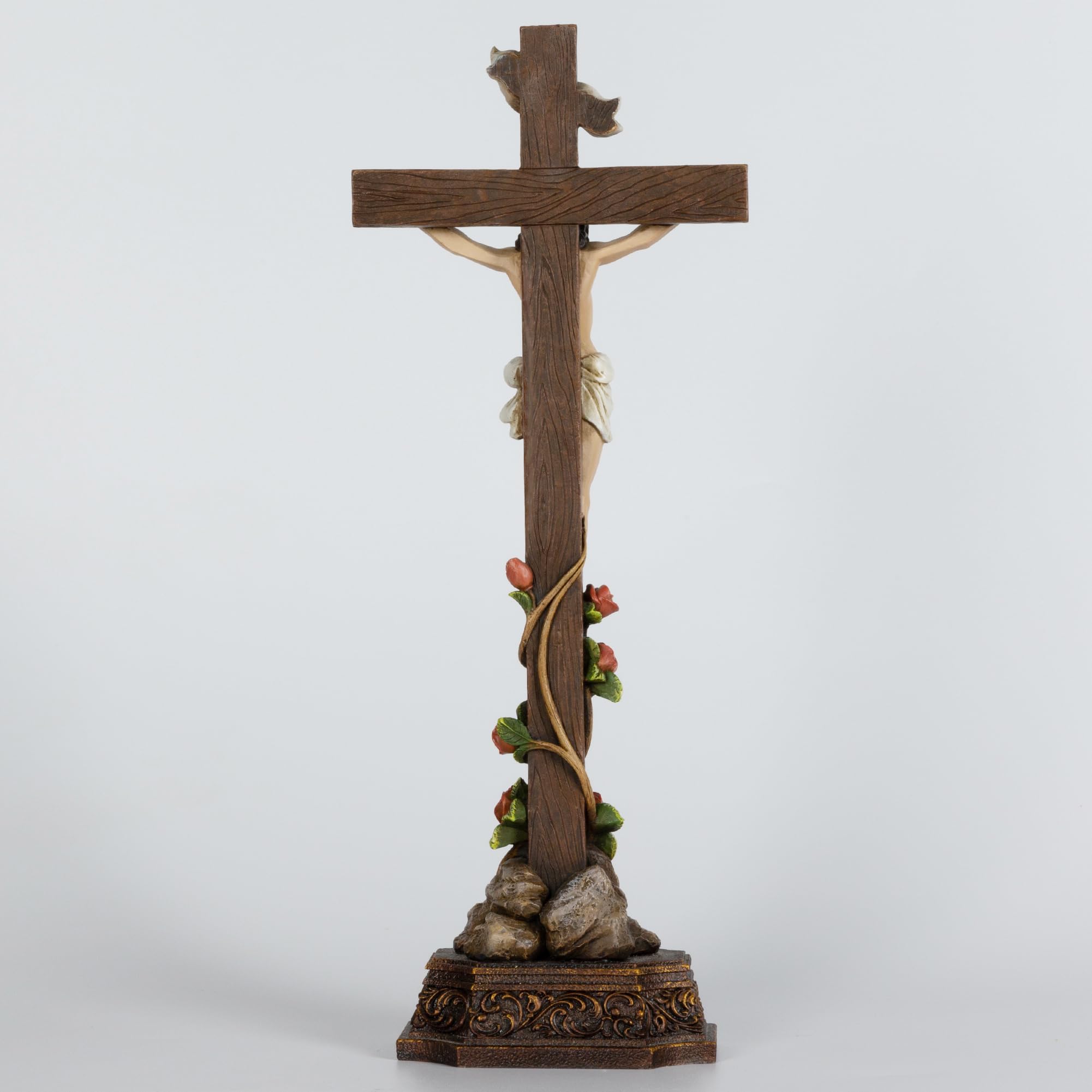 Grace4Joy Stehendes Kruzifix, katholisch, 36,7 cm, Kreuz: Jesus Christus, Tischstehendes Kreuz mit Rosenverzierung, handbemalt, Heim-Altar-Dekor