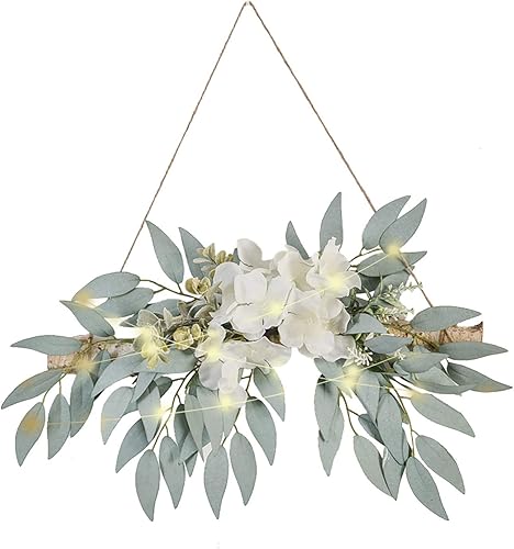 Guirnalda de hortensias artificiales, hecha a mano, guirnalda floral para decoración de pared con flores de hortensias blancas y hojas de sauce, aro