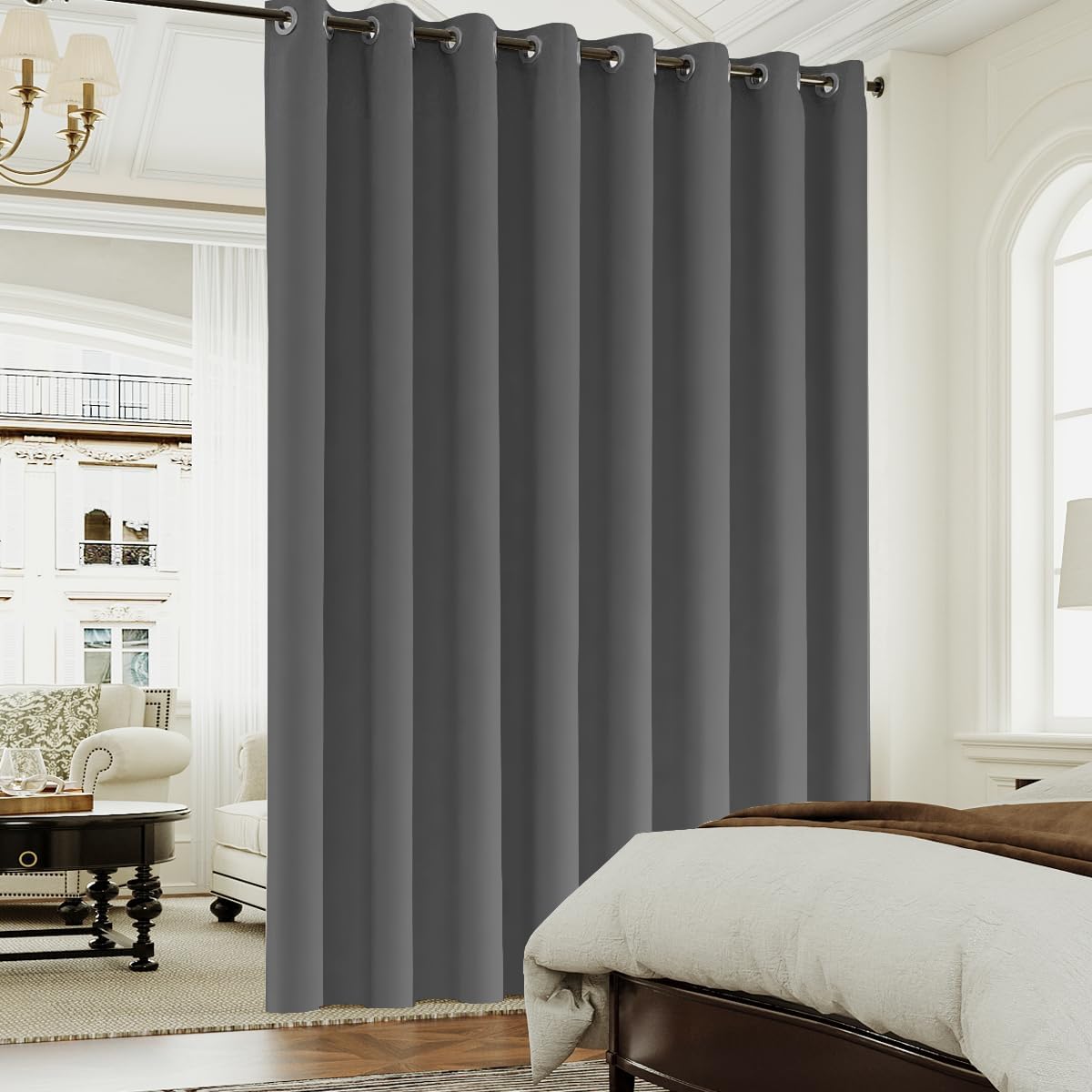 Turquoize Black Blackout Curtains Extra Wide Room Divider Curtain Screen Partitions, Blackout Sound Reducing Divider Room Panel for Glass Window/Sliding Door/Patio, 1 Panel(100Wx96L, Charcoal Gray)
