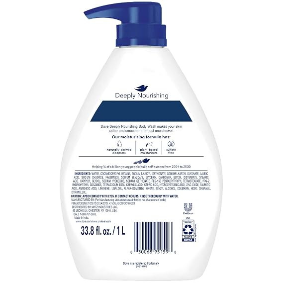 Dove Body Wash, Deeply Nourishing, Value Size 4-Pack Moisturizing Shower Soap Liquid for Softer, Smoother Skin, 33.8 Oz Ea